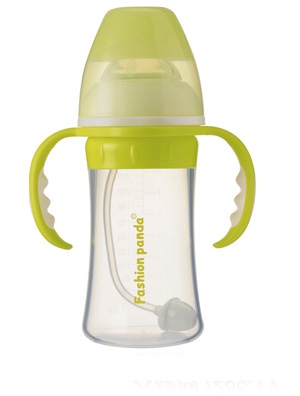 彩色熊貓寬口硅膠奶瓶自動吸管240ml
